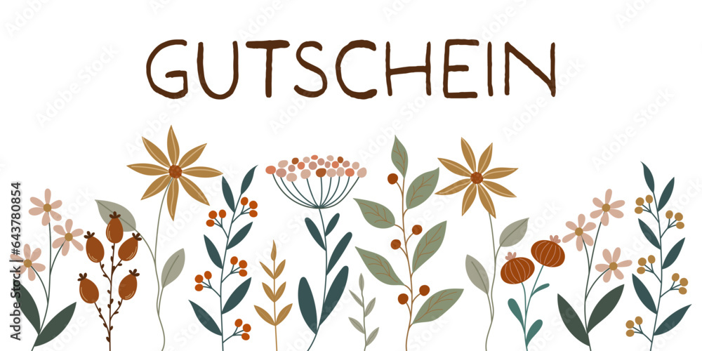 Gutschein - Schriftzug in deutscher Sprache. Couponkarte mit hübschen Blumen.