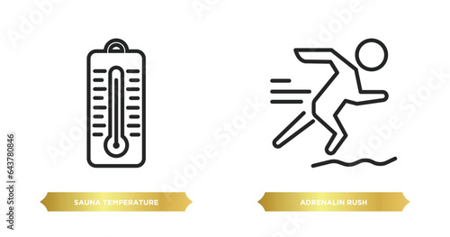 two editable outline icons from sauna concept. thin line icons such as sauna temperature, adrenalin rush vector.