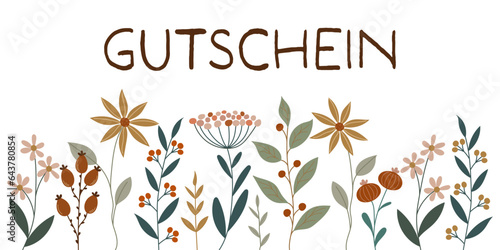 Gutschein - Schriftzug in deutscher Sprache. Couponkarte mit hübschen Blumen.