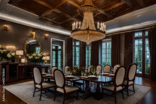a formal dining room withan elegant chandelier anda long dining table