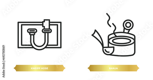 two editable outline icons from sauna concept. thin line icons such as kneipp hose, banja vector.