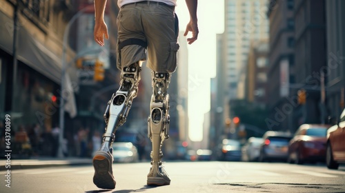 a man walking on the street with a prosthetic leg