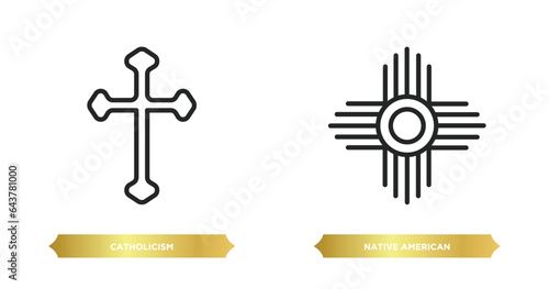 two editable outline icons from religion concept. thin line icons such as catholicism, native american sun vector.