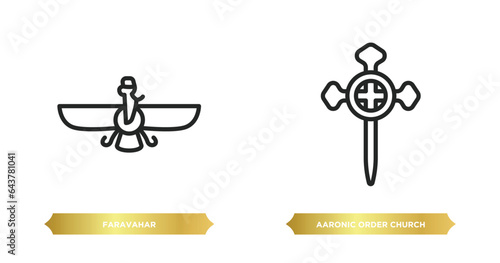 two editable outline icons from religion concept. thin line icons such as faravahar, aaronic order church vector. photo