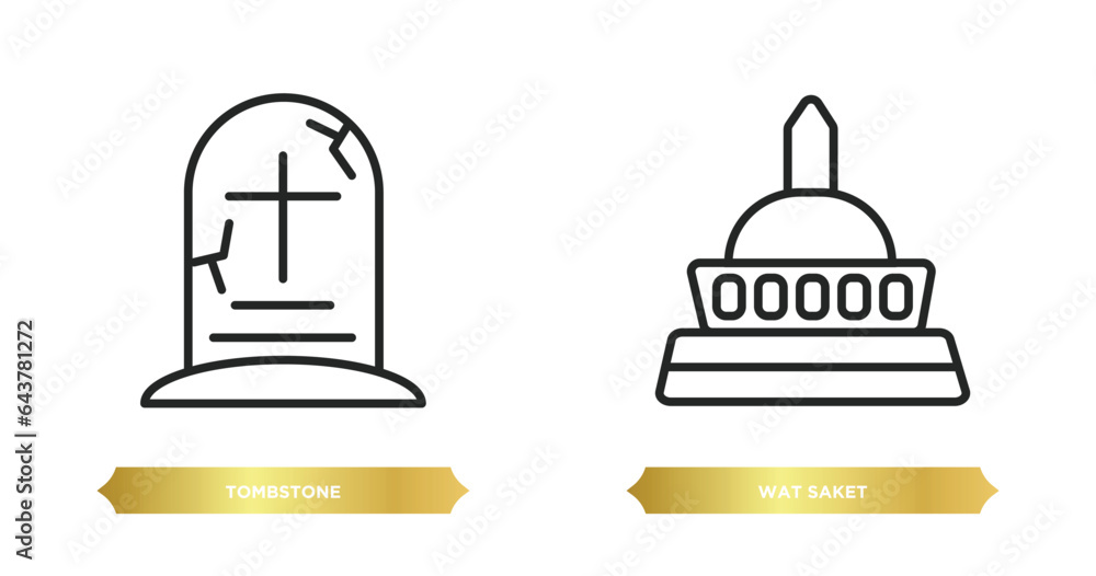 two editable outline icons from religion concept. thin line icons such as tombstone, wat saket vector. two editable outline icons from religion concept. thin line icons such as tombstone, wat saket vector.