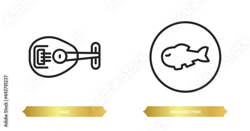 two editable outline icons from religion concept. thin line icons such as oud, inclined fish vector.