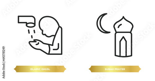 two editable outline icons from religion concept. thin line icons such as islamic ghusl, subah prayer vector.