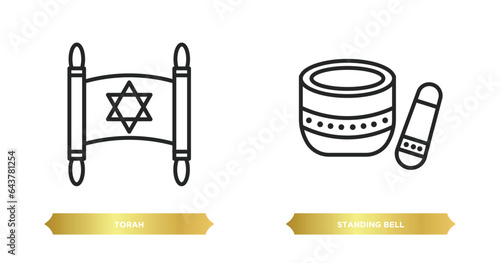 two editable outline icons from religion concept. thin line icons such as torah, standing bell vector.