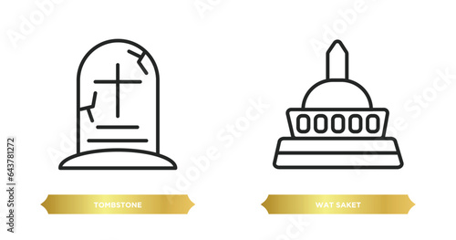 two editable outline icons from religion concept. thin line icons such as tombstone, wat saket vector.