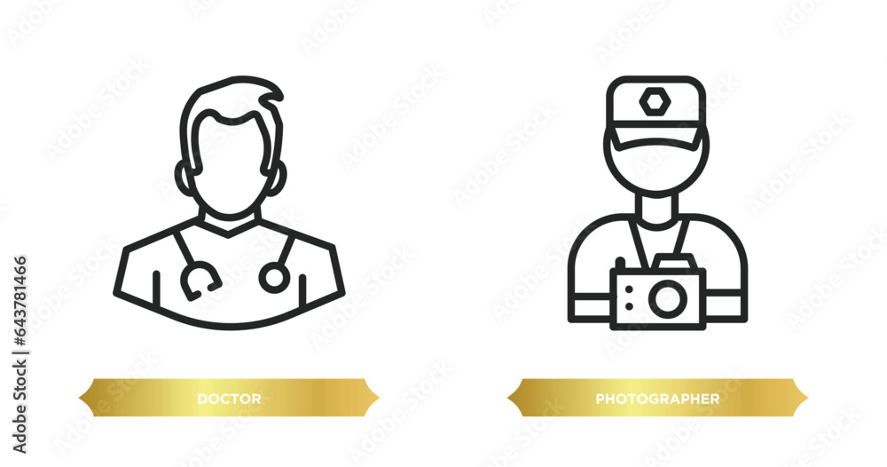 two editable outline icons from professions concept. thin line icons such as doctor, photographer vector. two editable outline icons from professions concept. thin line icons such as doctor, photographer vector.