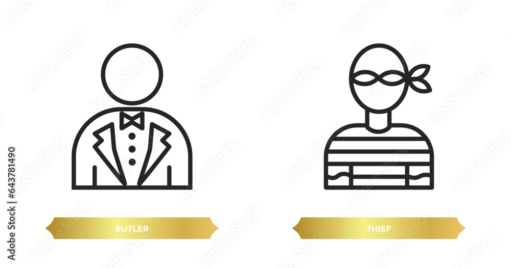 two editable outline icons from professions concept. thin line icons such as butler, thief vector. two editable outline icons from professions concept. thin line icons such as butler, thief vector.