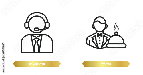two editable outline icons from professions concept. thin line icons such as callcenter, waiter vector.