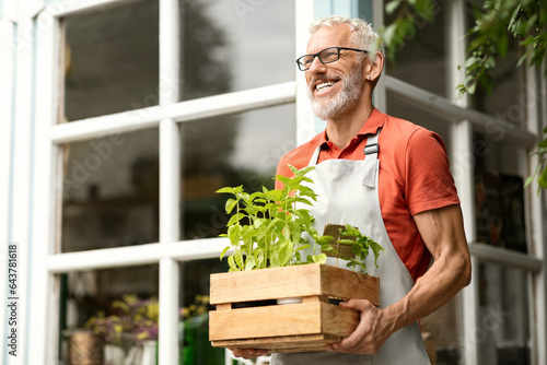 Картината върху платно Handsome Mature Gardener Man Carrying Crate With Potted Plants Outdoors