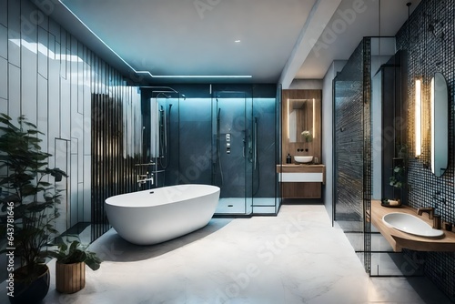 a modern bathroom witha glass-enclosed shower