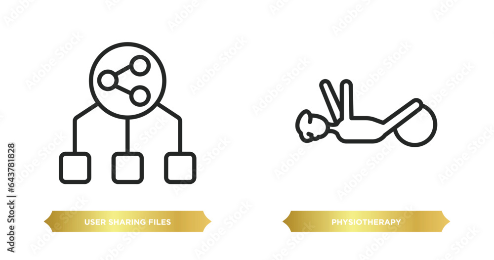 two editable outline icons from people concept. thin line icons such as user sharing files, physiotherapy vector. two editable outline icons from people concept. thin line icons such as user sharing files, physiotherapy vector.