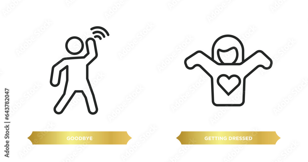 two editable outline icons from people concept. thin line icons such as goodbye, getting dressed vector. two editable outline icons from people concept. thin line icons such as goodbye, getting dressed vector.