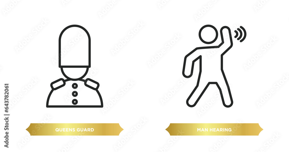 two editable outline icons from people concept. thin line icons such as queens guard, man hearing vector. two editable outline icons from people concept. thin line icons such as queens guard, man hearing vector.