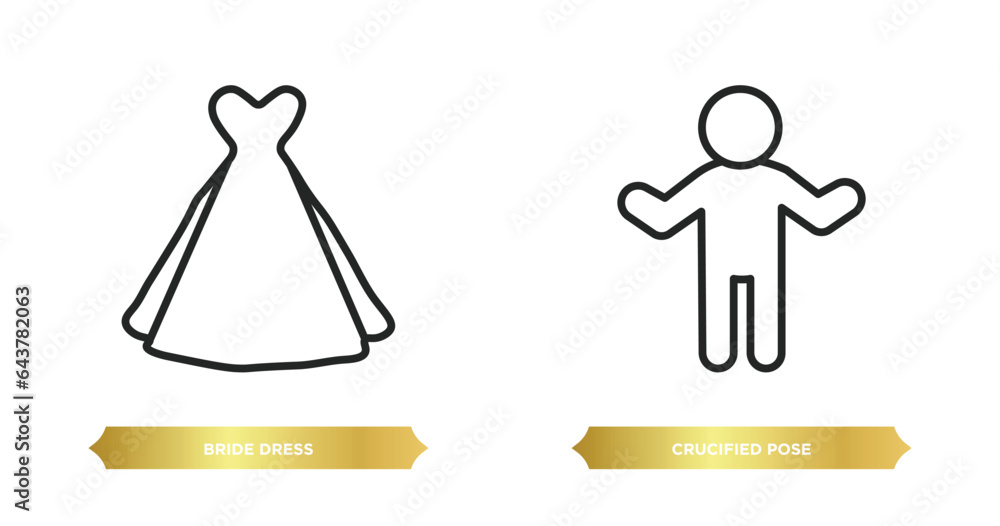 two editable outline icons from people concept. thin line icons such as bride dress, crucified pose vector. two editable outline icons from people concept. thin line icons such as bride dress, crucified pose vector.