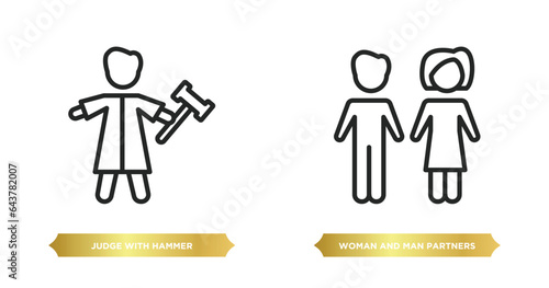two editable outline icons from people concept. thin line icons such as judge with hammer, woman and man partners vector.