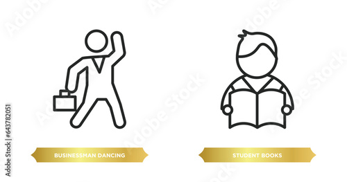 two editable outline icons from people concept. thin line icons such as businessman dancing, student books vector.