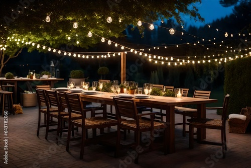 an outdoor dining area witha patio table, string lights, and lush landscaping © Humaira