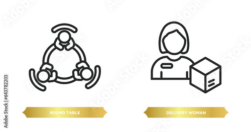 two editable outline icons from people concept. thin line icons such as round table, delivery woman vector.