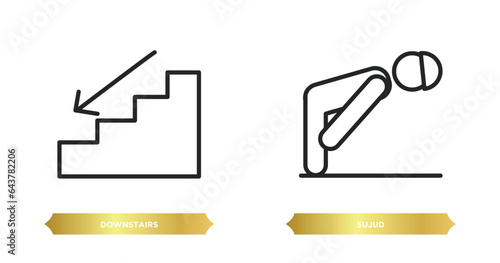 two editable outline icons from people concept. thin line icons such as downstairs, sujud vector.