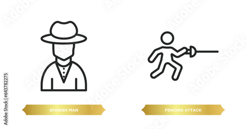 two editable outline icons from people concept. thin line icons such as spanish man, fencing attack vector.