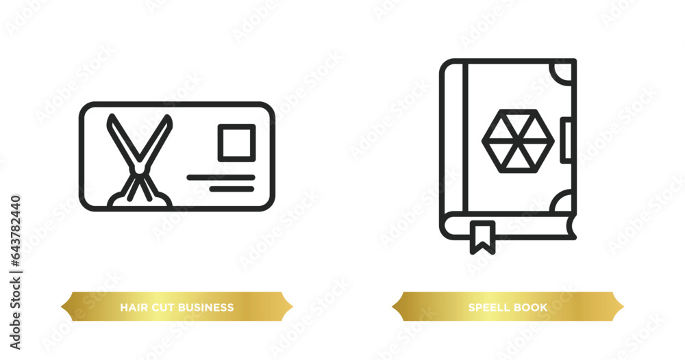 two editable outline icons from other concept. thin line icons such as hair cut business card, speell book vector. two editable outline icons from other concept. thin line icons such as hair cut business card, speell book vector.