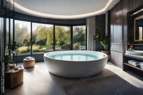 a bathroom witha jacuzzi tub anda view of the garden