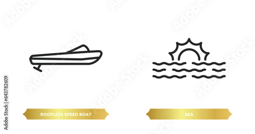 two editable outline icons from nautical concept. thin line icons such as roofless speed boat, sea vector.