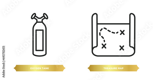 two editable outline icons from nautical concept. thin line icons such as oxygen tank, treasure map vector.