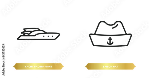 two editable outline icons from nautical concept. thin line icons such as yacht facing right, sailor hat vector.