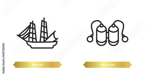 two editable outline icons from nautical concept. thin line icons such as frigate, aqualung vector.
