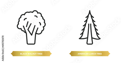 two editable outline icons from nature concept. thin line icons such as black walnut tree, american larch tree vector.