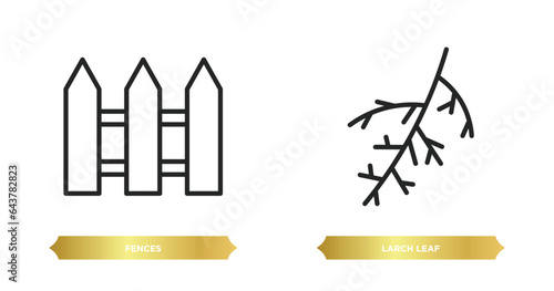 two editable outline icons from nature concept. thin line icons such as fences, larch leaf vector.