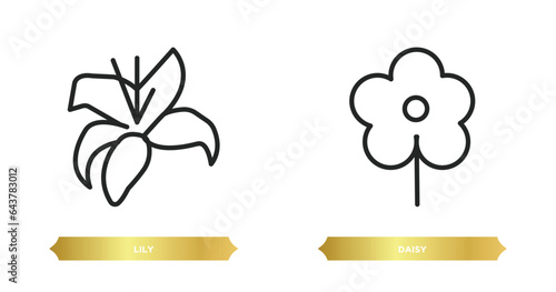 two editable outline icons from nature concept. thin line icons such as lily, daisy vector.