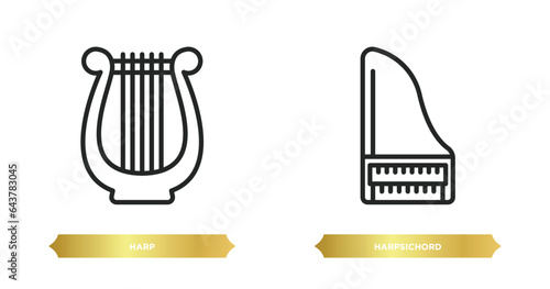 two editable outline icons from music concept. thin line icons such as harp, harpsichord vector.