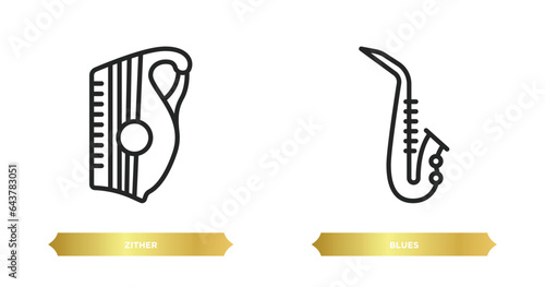 two editable outline icons from music concept. thin line icons such as zither, blues vector.