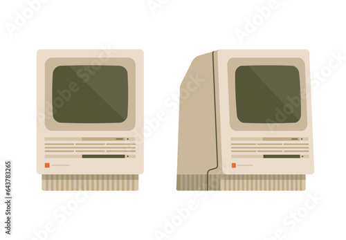 Retro Computer — Front & Side Views. Flat Vector Illustration