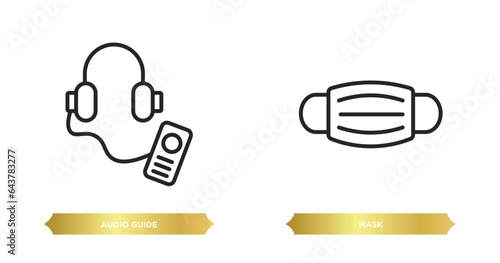 two editable outline icons from museum concept. thin line icons such as audio guide, mask vector.