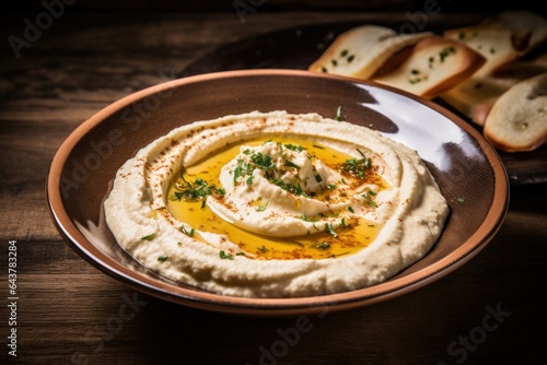 appetizing hummus in a deep bowl.Israeli cuisine