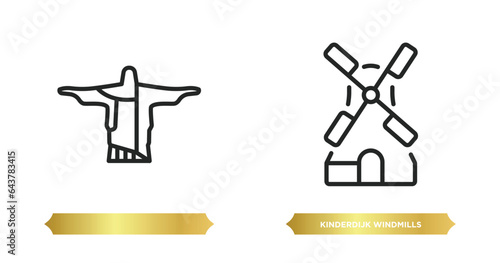 two editable outline icons from monuments concept. thin line icons such as , kinderdijk windmills vector.