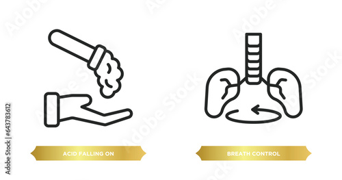 two editable outline icons from medical concept. thin line icons such as acid falling on hand, breath control vector.