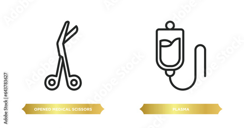 two editable outline icons from medical concept. thin line icons such as opened medical scissors, plasma vector.