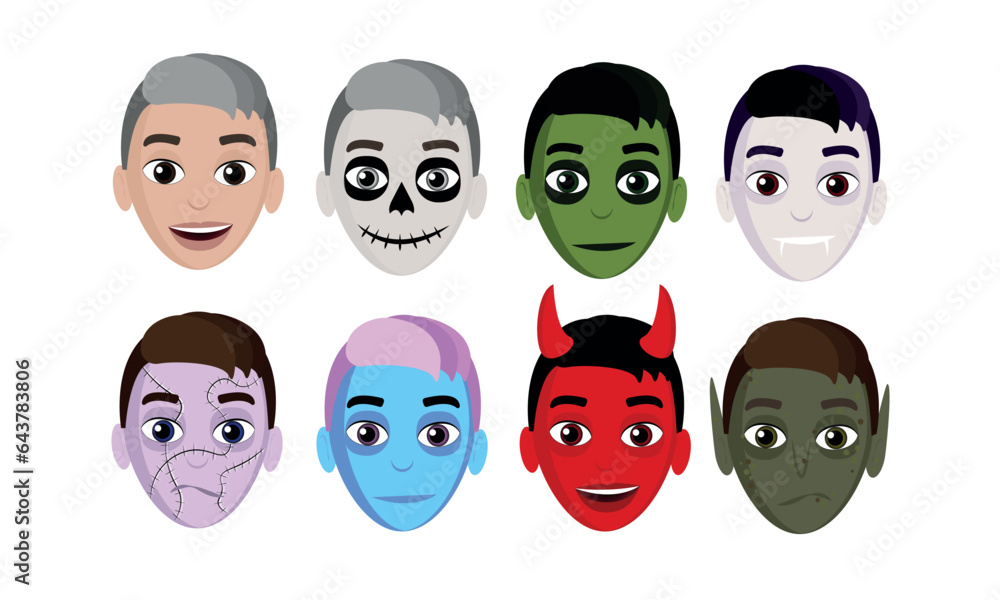 A set of Halloween makeup on the boys' faces. Halloween avatar. Masks. Set of monsters. Illustration. Monster boys. A set of Halloween makeup on the boys' faces. Halloween avatar. Masks. Set of monsters. Illustration. Monster boys.