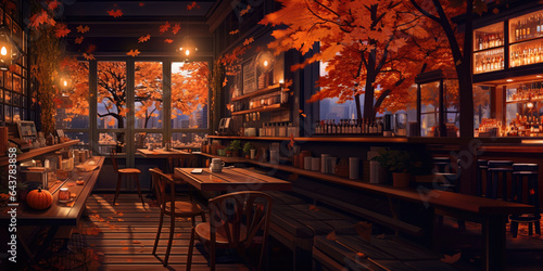 autumn night cafe wood interio twitch zoom vtuber asset obs screen anime chill hip stream overlay loop background interior of a coffee shop woodsy aesthetic during fall orange tones photo