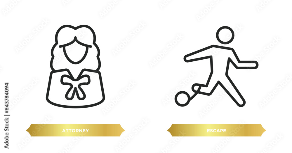two editable outline icons from law and justice concept. thin line icons such as attorney, escape vector. two editable outline icons from law and justice concept. thin line icons such as attorney, escape vector.