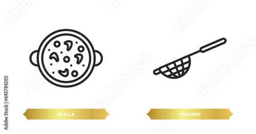 two editable outline icons from kitchen concept. thin line icons such as paella, strainer vector.