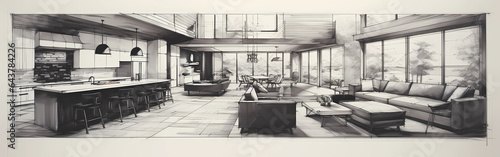 A luxury black and white drawing sketch of an interior design by an architect designer